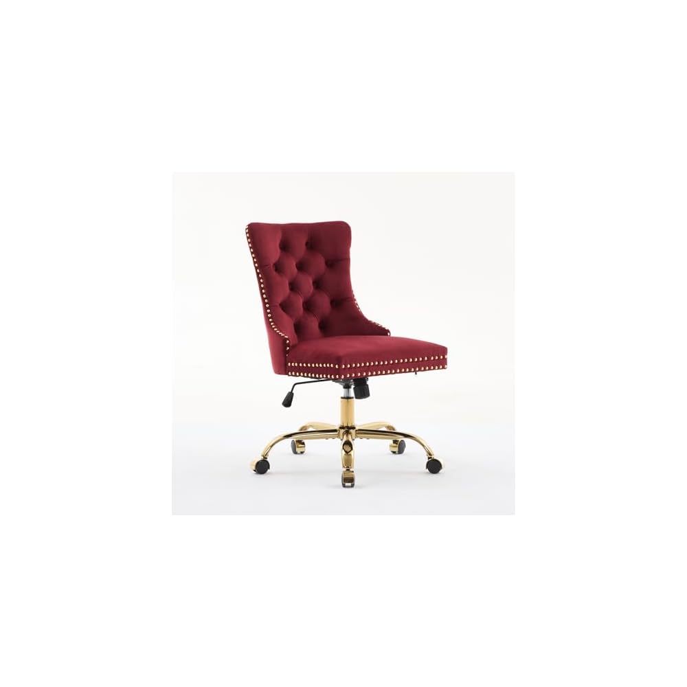 Furniture Office Chair,Modern Velvet Upholstered Tufted Button Home Office Chair with Golden Metal Base,Adjustable Desk Chair Swivel Office Chair (Wine Red),SW1923WR