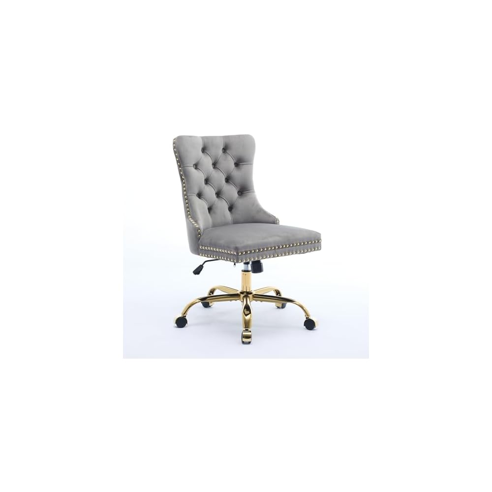 Furniture Office Chair,Modern Velvet Upholstered Tufted Button Home Office Chair with Golden Metal Base,Adjustable Desk Chair Swivel Office Chair (Wine Red),SW1923WR