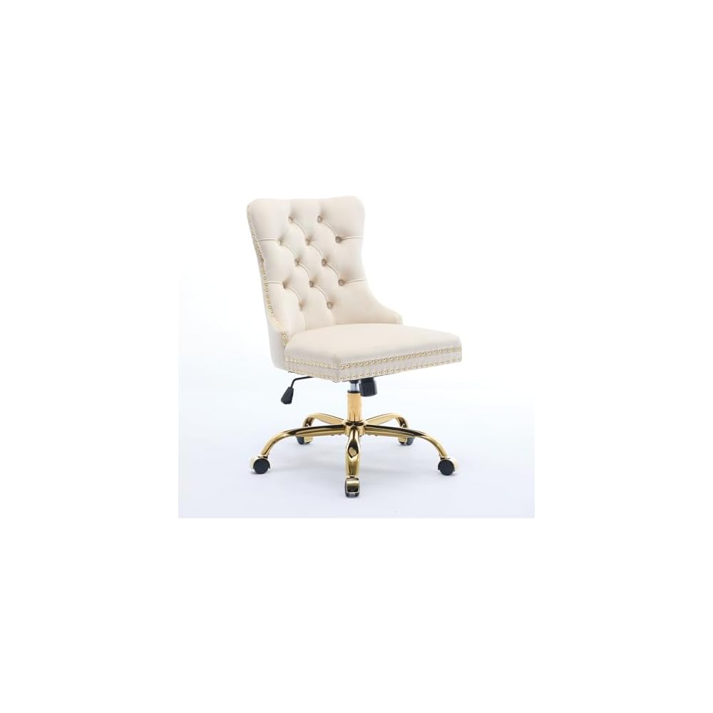 Furniture Office Chair,Modern Velvet Upholstered Tufted Button Home Office Chair with Golden Metal Base,Adjustable Desk Chair Swivel Office Chair (Wine Red),SW1923WR