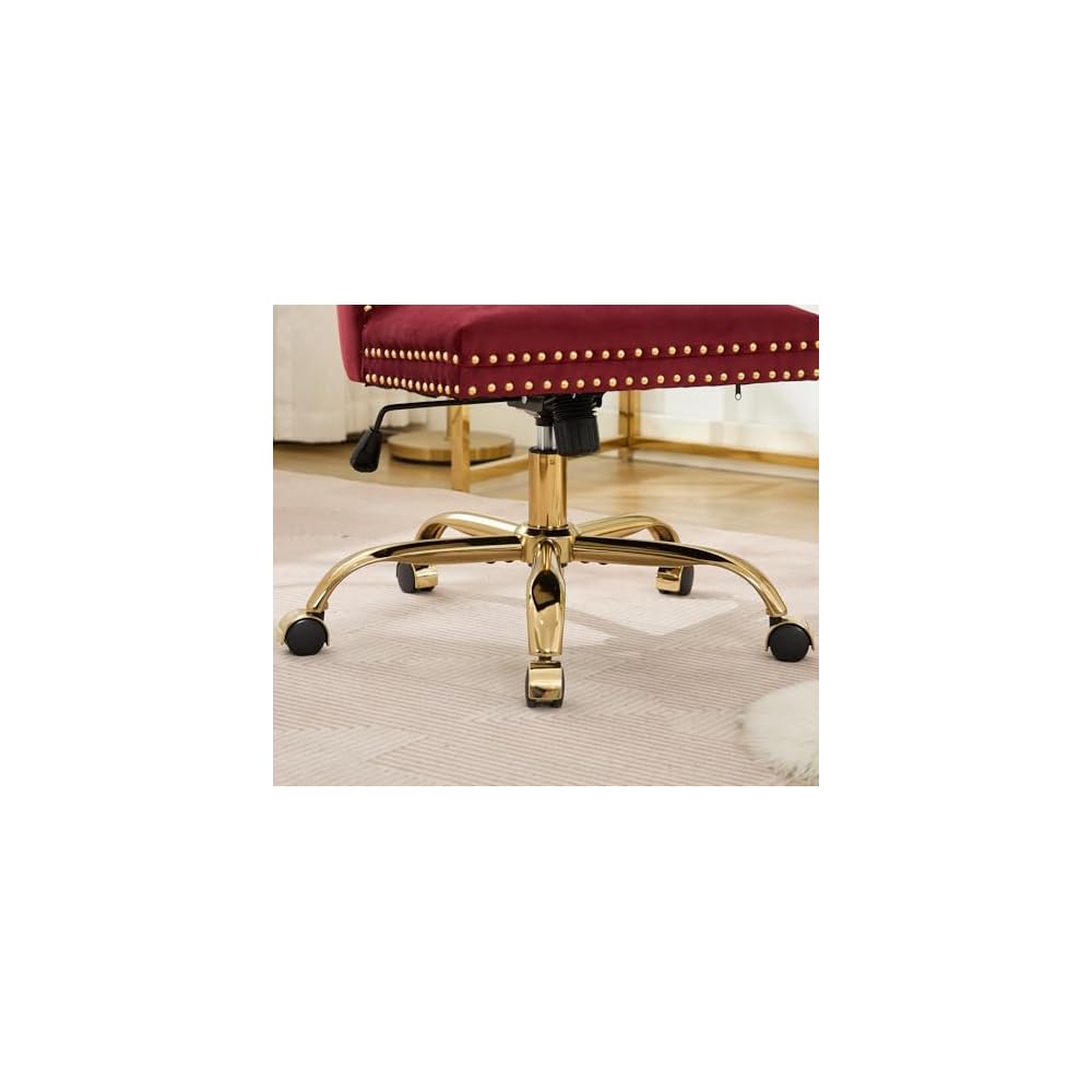 Furniture Office Chair,Modern Velvet Upholstered Tufted Button Home Office Chair with Golden Metal Base,Adjustable Desk Chair Swivel Office Chair (Wine Red),SW1923WR