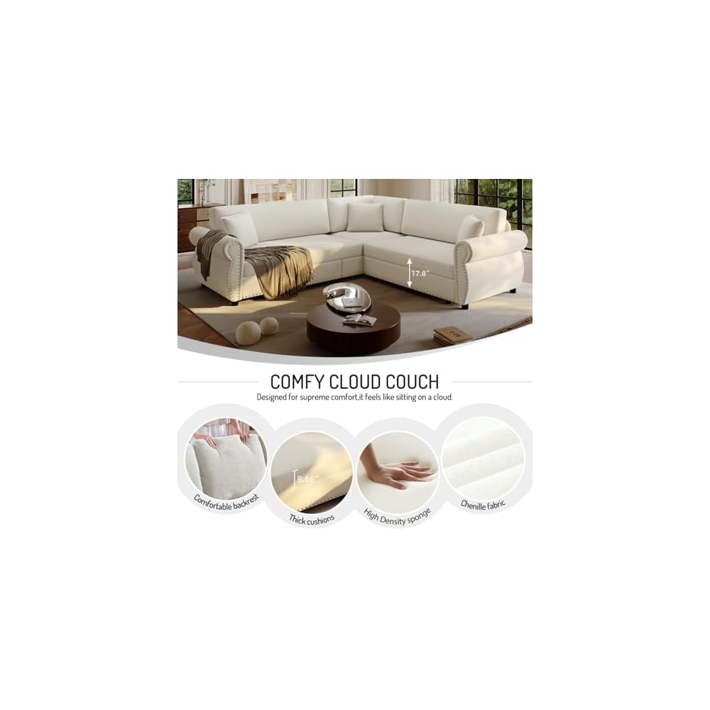HANXIN 88.2" L-Shaped Sofa Couch with Pull Out Bed, Oversize Convertible Sectional Sleeper Sofa with Nailhead Trim & Rolled Arm, 5 Seat Chenille Upholstered Couches for Living Room(Beige)