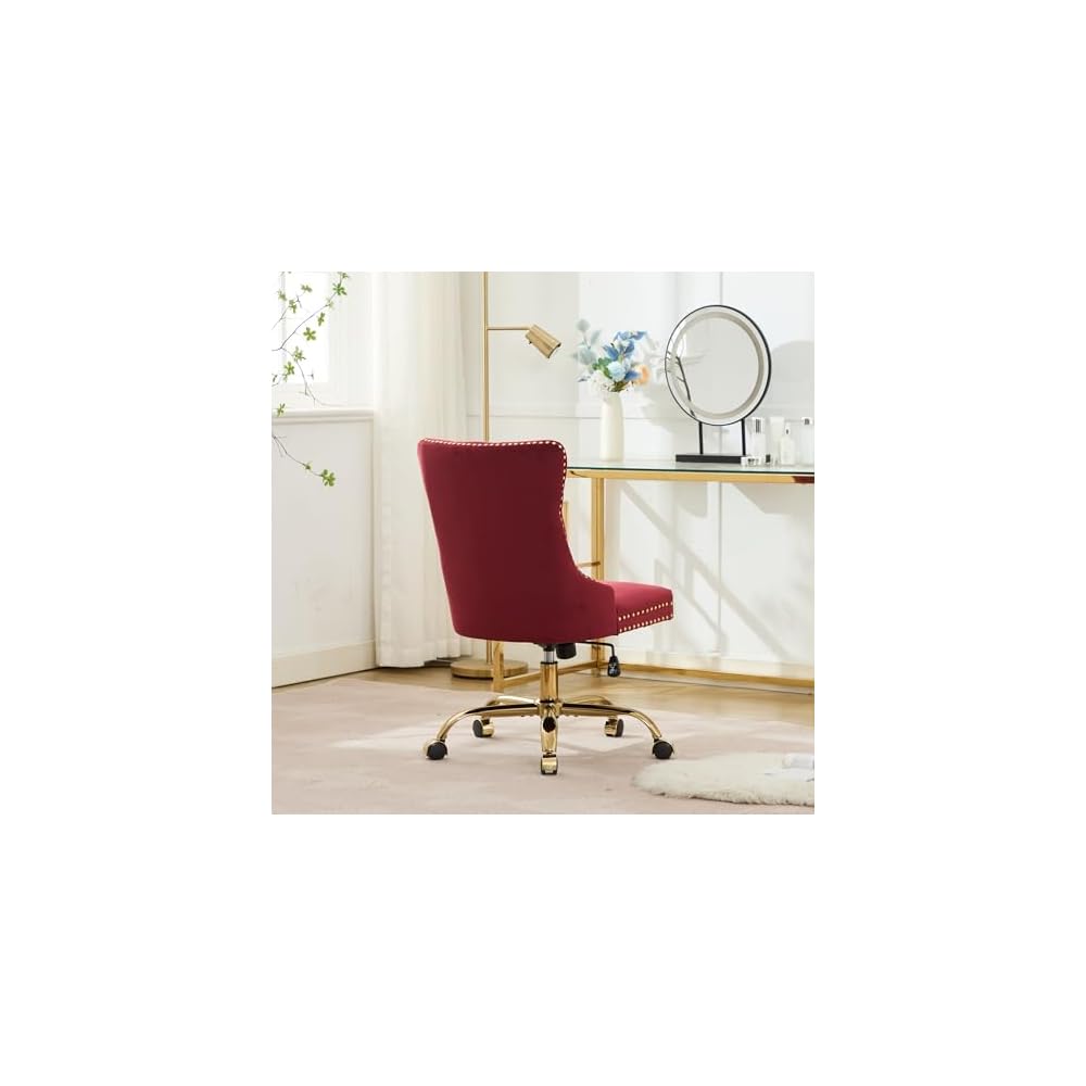 Furniture Office Chair,Modern Velvet Upholstered Tufted Button Home Office Chair with Golden Metal Base,Adjustable Desk Chair Swivel Office Chair (Wine Red),SW1923WR