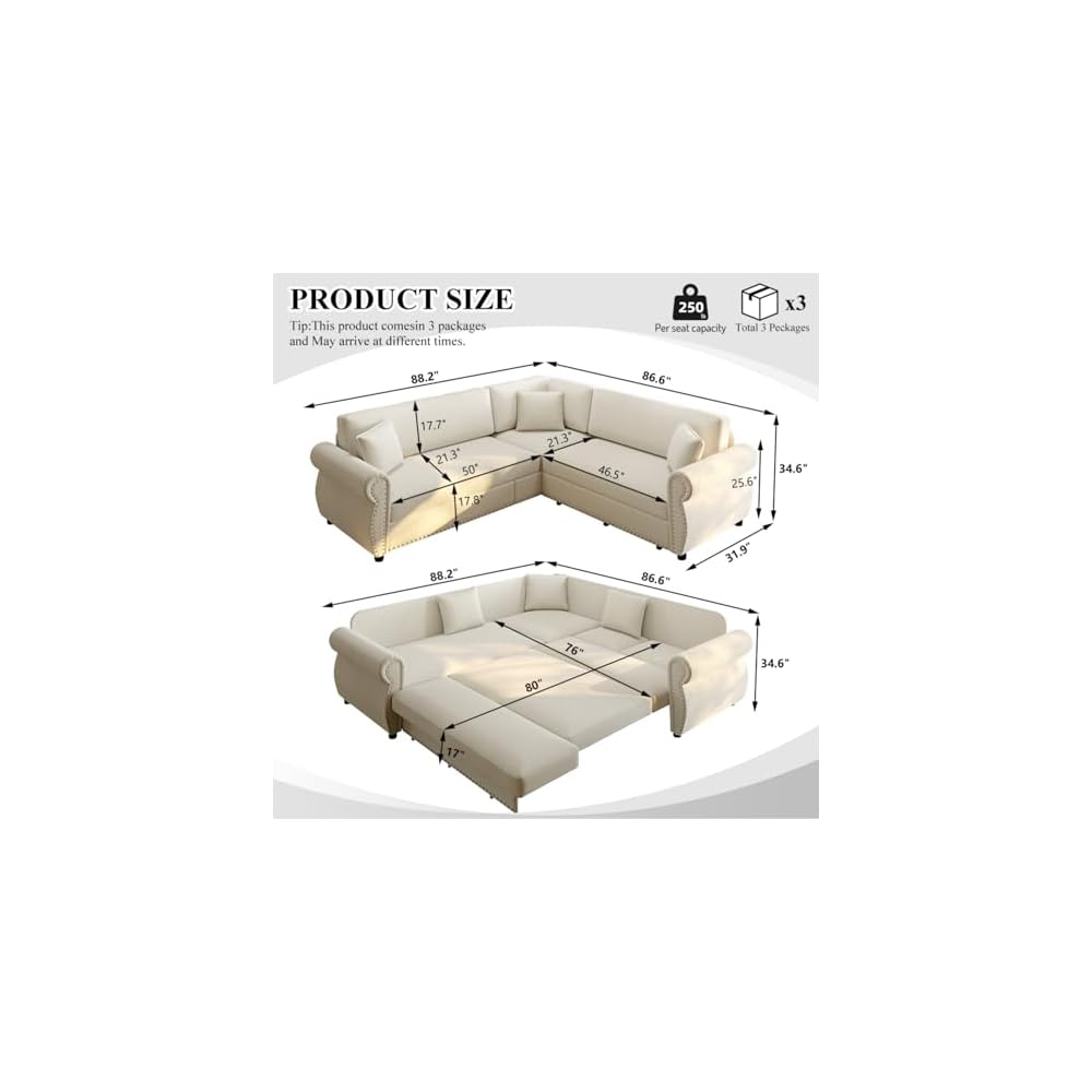 HANXIN 88.2" L-Shaped Sofa Couch with Pull Out Bed, Oversize Convertible Sectional Sleeper Sofa with Nailhead Trim & Rolled Arm, 5 Seat Chenille Upholstered Couches for Living Room(Beige)