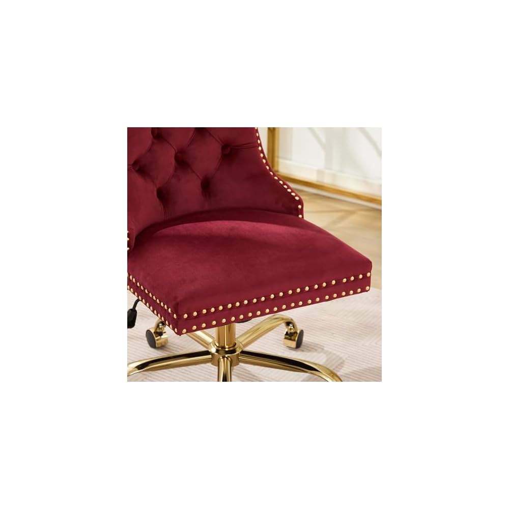 Furniture Office Chair,Modern Velvet Upholstered Tufted Button Home Office Chair with Golden Metal Base,Adjustable Desk Chair Swivel Office Chair (Wine Red),SW1923WR