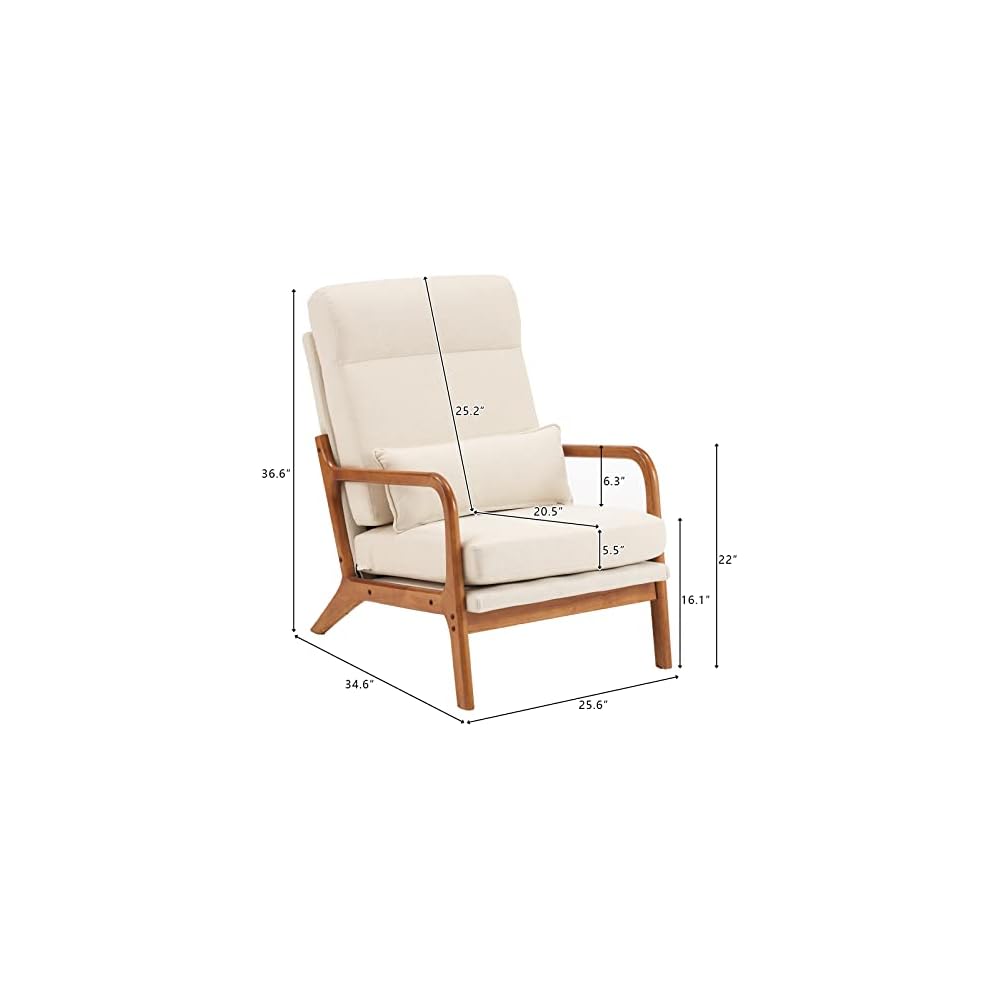 Mid Century Modern Accent Chair with High Back Waist Cushion, Upholstered Living Room Chairs for Reading, Relaxing, Entertaining, Wood Frame Armchair for Bedroom, Sunroom, Balcony (Off-White)