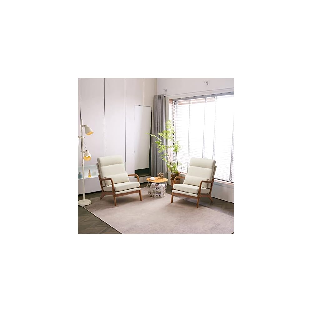 Mid Century Modern Accent Chair with High Back Waist Cushion, Upholstered Living Room Chairs for Reading, Relaxing, Entertaining, Wood Frame Armchair for Bedroom, Sunroom, Balcony (Off-White)