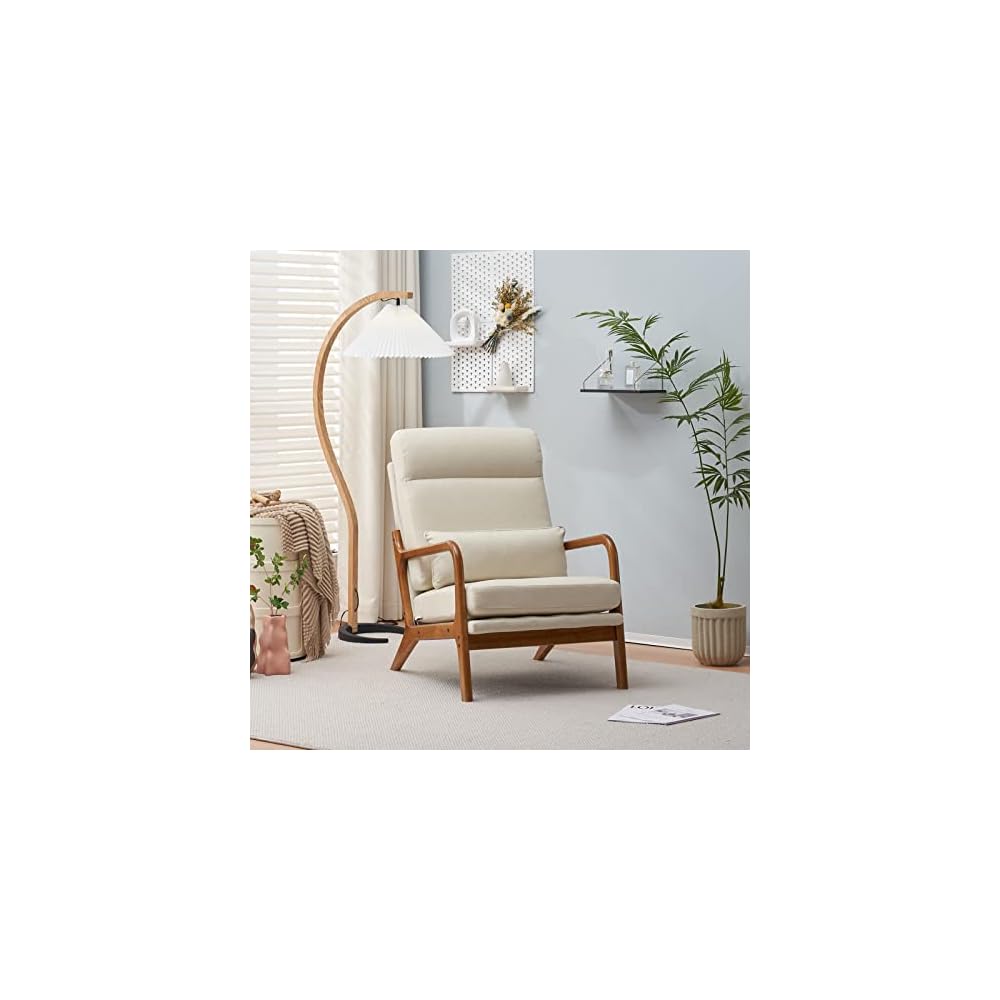 Mid Century Modern Accent Chair with High Back Waist Cushion, Upholstered Living Room Chairs for Reading, Relaxing, Entertaining, Wood Frame Armchair for Bedroom, Sunroom, Balcony (Off-White)