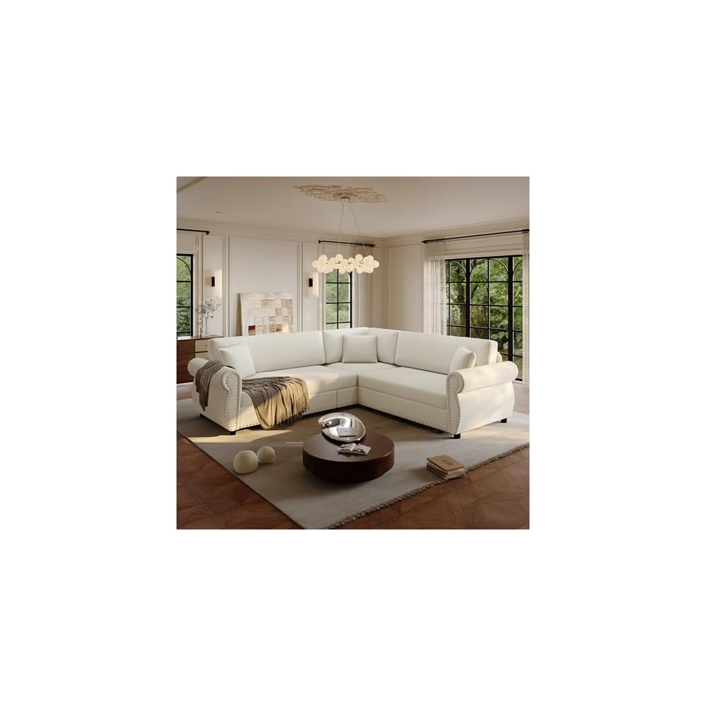 HANXIN 88.2" L-Shaped Sofa Couch with Pull Out Bed, Oversize Convertible Sectional Sleeper Sofa with Nailhead Trim & Rolled Arm, 5 Seat Chenille Upholstered Couches for Living Room(Beige)