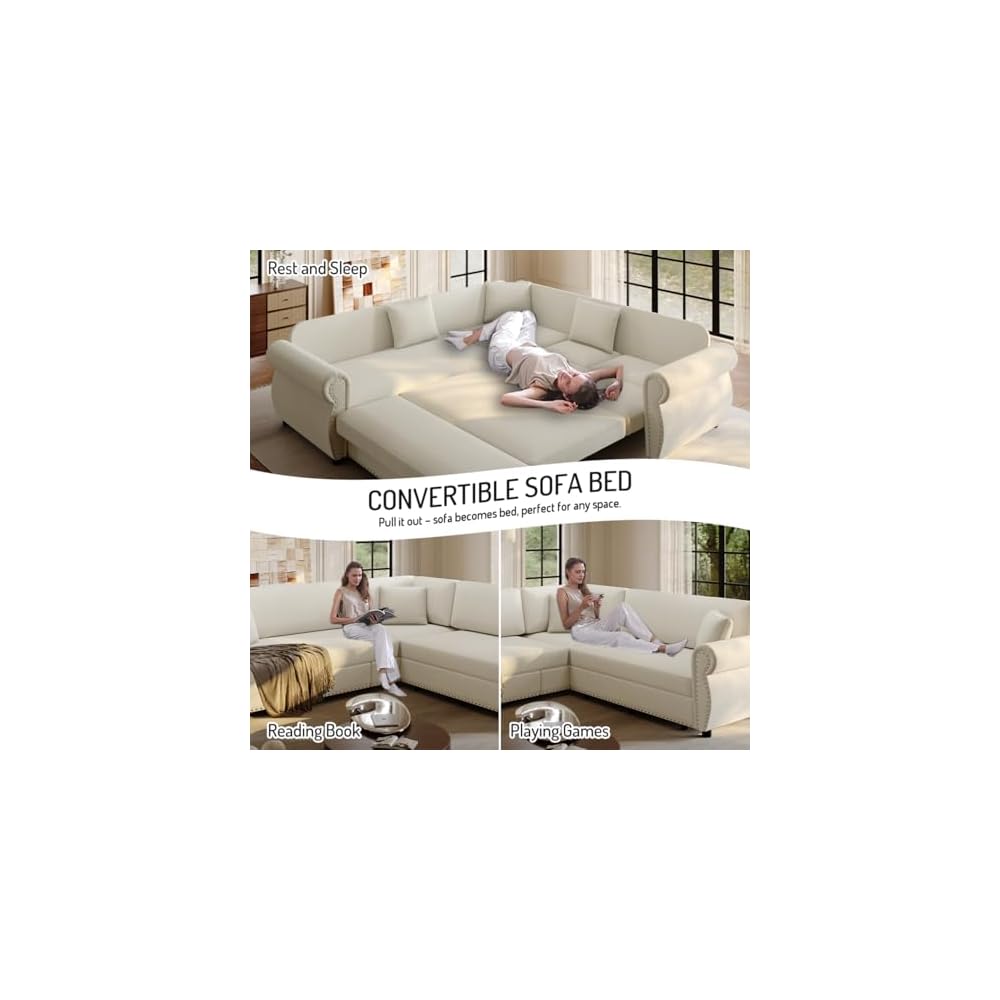HANXIN 88.2" L-Shaped Sofa Couch with Pull Out Bed, Oversize Convertible Sectional Sleeper Sofa with Nailhead Trim & Rolled Arm, 5 Seat Chenille Upholstered Couches for Living Room(Beige)