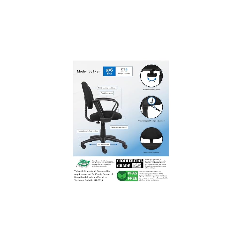 Boss Office Products Perfect Posture Delux Fabric Task Chair with Loop Arms in Black, Low-Back (B317-BK)