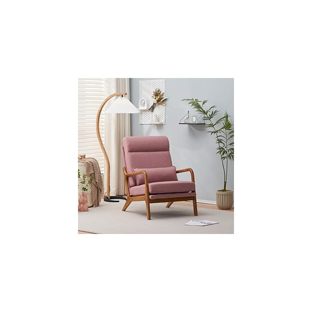 Mid Century Modern Accent Chair with High Back Waist Cushion, Upholstered Living Room Chairs for Reading, Relaxing, Entertaining, Wood Frame Armchair for Bedroom, Sunroom, Balcony (Off-White)