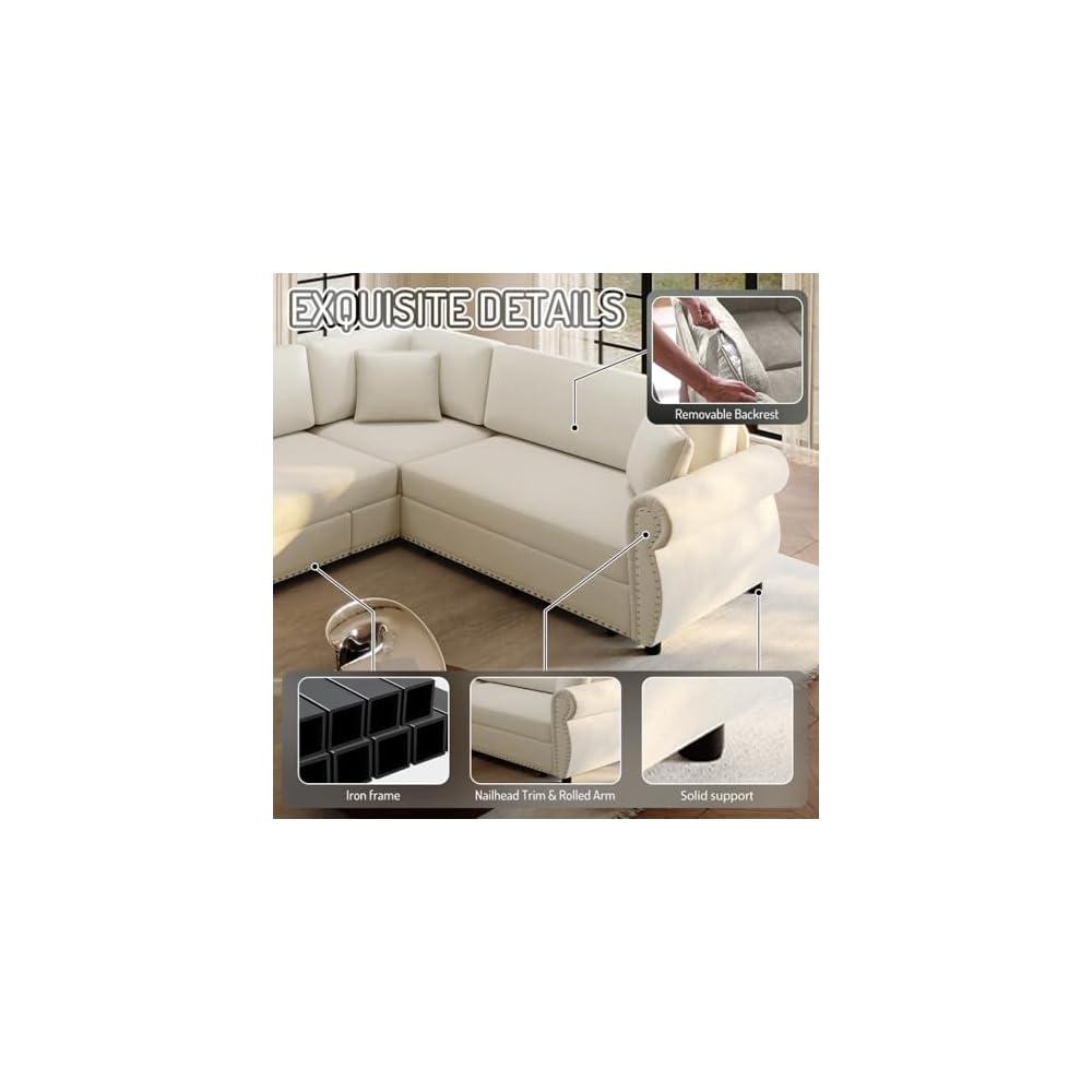HANXIN 88.2" L-Shaped Sofa Couch with Pull Out Bed, Oversize Convertible Sectional Sleeper Sofa with Nailhead Trim & Rolled Arm, 5 Seat Chenille Upholstered Couches for Living Room(Beige)