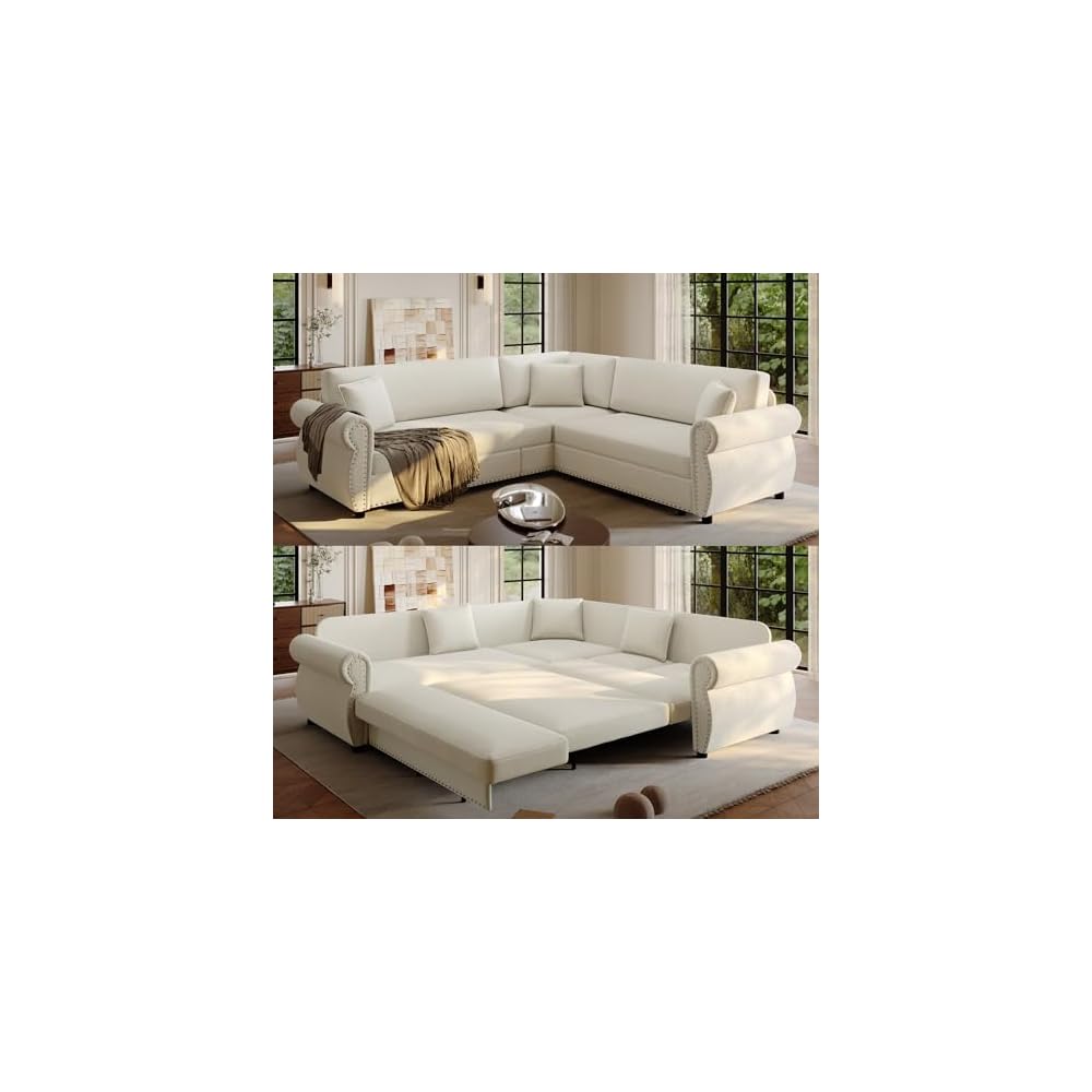 HANXIN 88.2" L-Shaped Sofa Couch with Pull Out Bed, Oversize Convertible Sectional Sleeper Sofa with Nailhead Trim & Rolled Arm, 5 Seat Chenille Upholstered Couches for Living Room(Beige)