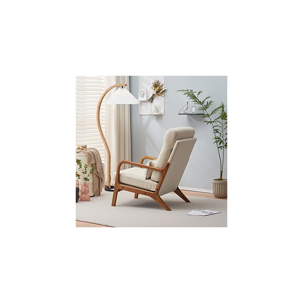 Mid Century Modern Accent Chair with High Back Waist Cushion, Upholstered Living Room Chairs for Reading, Relaxing, Entertaining, Wood Frame Armchair for Bedroom, Sunroom, Balcony (Off-White)