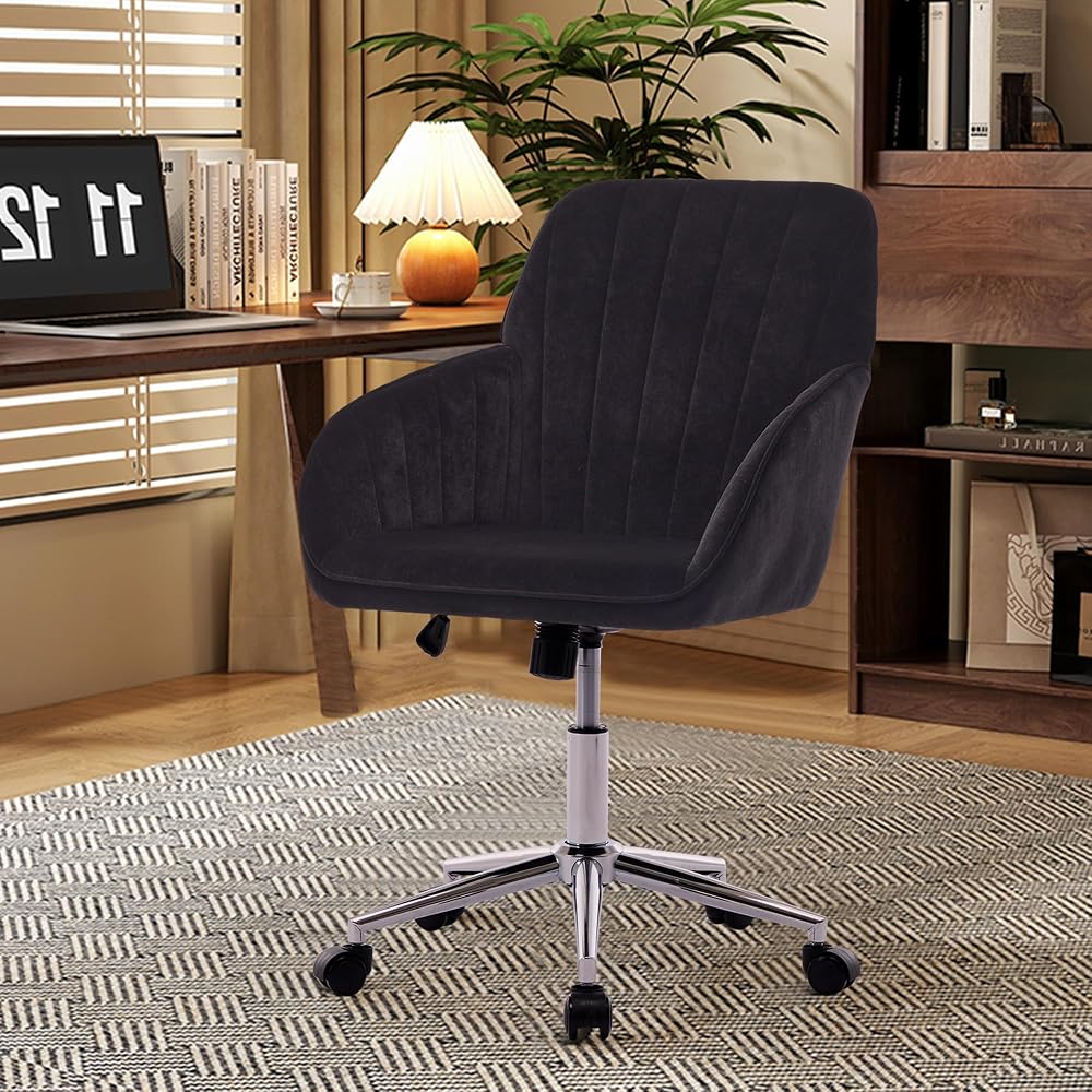 Adjustable Office Chair, Ergonomic Swivel Chair with Backrest, Comfortable Velvet Cushion for Long Sitting, Ideal for Home and Office Use, Black