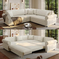 HANXIN 88.2" L-Shaped Sofa Couch with Pull Out Bed, Oversize Convertible Sectional Sleeper Sofa with Nailhead Trim & Rolled Arm, 5 Seat Chenille Upholstered Couches for Living Room(Beige)