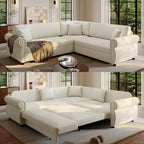 HANXIN 88.2" L-Shaped Sofa Couch with Pull Out Bed, Oversize Convertible Sectional Sleeper Sofa with Nailhead Trim & Rolled Arm, 5 Seat Chenille Upholstered Couches for Living Room(Beige)