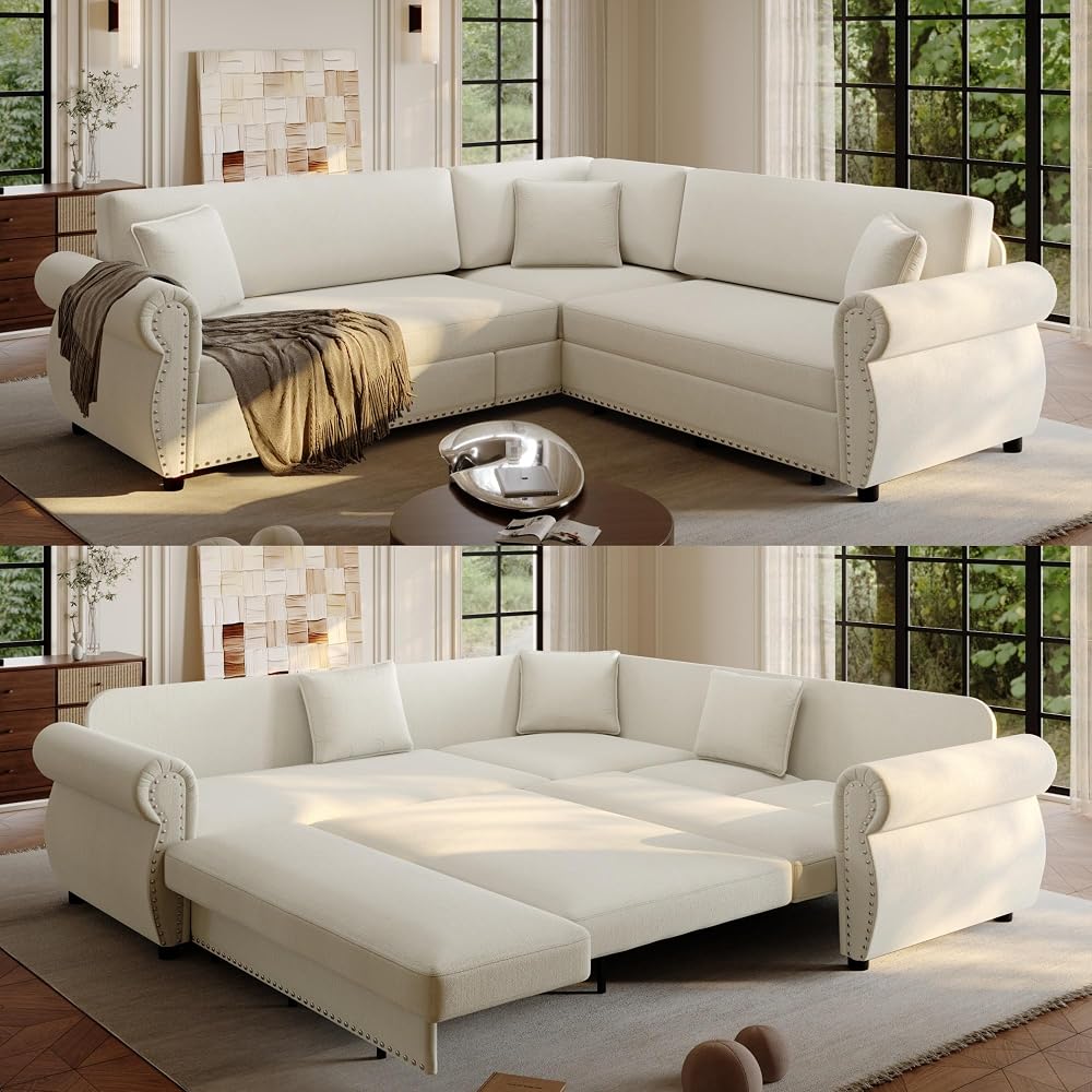 HANXIN 88.2" L-Shaped Sofa Couch with Pull Out Bed, Oversize Convertible Sectional Sleeper Sofa with Nailhead Trim & Rolled Arm, 5 Seat Chenille Upholstered Couches for Living Room(Beige)